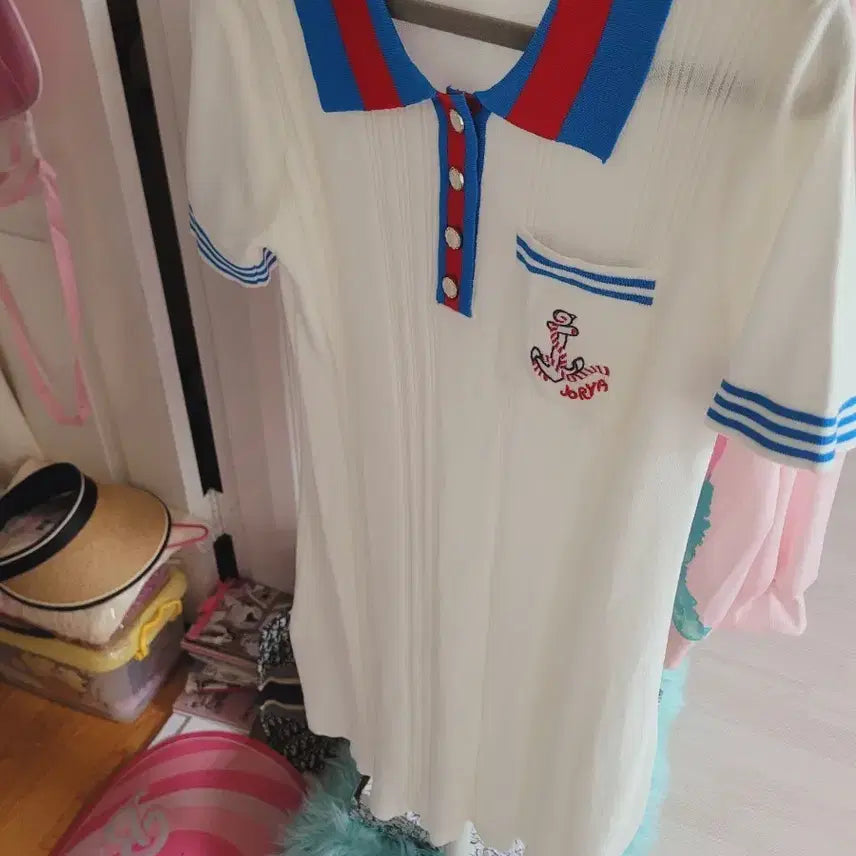 [BUNJANG] White Anchor Embroidered Short Sleeve Knit Dress / 화이트 앵커 자수 반팔 니트원피스