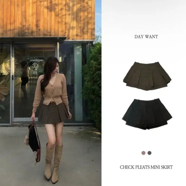 [BUNJANG] Brown Check Pleated Mini Skirt with Built-in Shorts / 갈색 치마