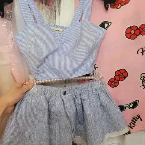 [BUNJANG] Stripe Bustier Layered Blue Set / 스트라이프 뷔스티에 레이어드 블루세트