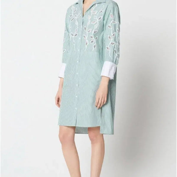 [BUNJANG] Sandro Striped Long Shirt Dress with Punching Embroidery / 산드로 펀칭자수 스트라이프 롱셔츠 원피스 36사이즈