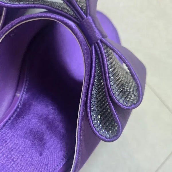 [BUNJANG] Purple Satin Ribbon Cubic Mules / 보라색 새틴 리본 큐빅 뮬