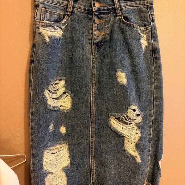 [BUNJANG] Distressed Denim Midi Skirt / 디스트로이드 스커트 찢청 치마 청치마