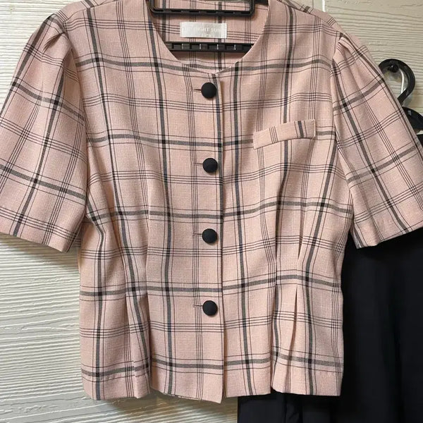 [BUNJANG] Pink Check Short Sleeve Blouse / 체크 핑크 반팔 블라우스