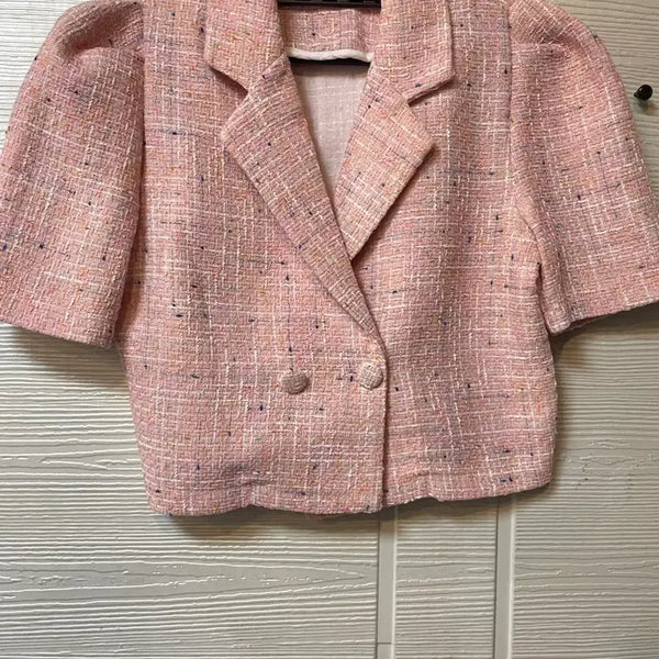 [BUNJANG] Puff Sleeve Tweed Cropped Jacket Bundle (Pink/Sky Blue) / [2장일괄] 퍼프소매 트위드 반팔 크롭자켓 핑크/스카이블루 일괄