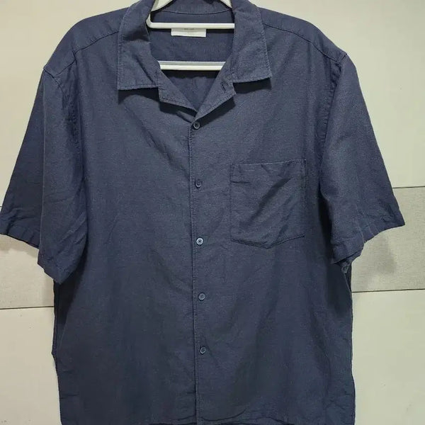 [BUNJANG] Uniqlo Linen Blend Open Collar Short Sleeve Shirt Navy L / 유니클로 린넨 혼방 오픈카라 반팔 셔츠 네이비 L