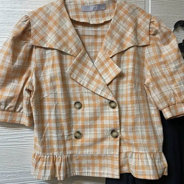 [BUNJANG] 8seconds Orange Check Frill Short Sleeve Jacket / 에잇세컨즈 오렌지 체크 프릴 반팔 자켓