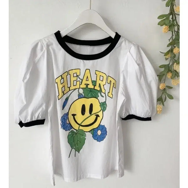 [BUNJANG] Smiley Face Colorblock Puff Blouse / 스마일 배색 퍼프 블라우스
