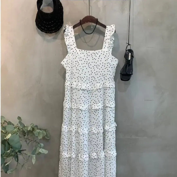 [BUNJANG] Dot Frill Tiered Sleeveless Maxi Dress / 도트 프릴 캉캉 롱 나시 원피스