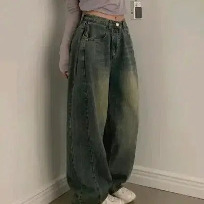 [BUNJANG] Sugar Powder Vintage Side Pin Tuck Washing Wide Denim Pants / 슈가파우더 워크 빈티지 사이드 핀턱 워싱 와이드 데님팬츠