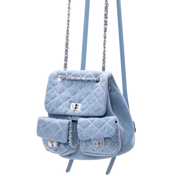 [BUNJANG] Denim Quilting Chain Backpack - Light Blue / 데님 퀼팅 체인 백팩 라이트 블루