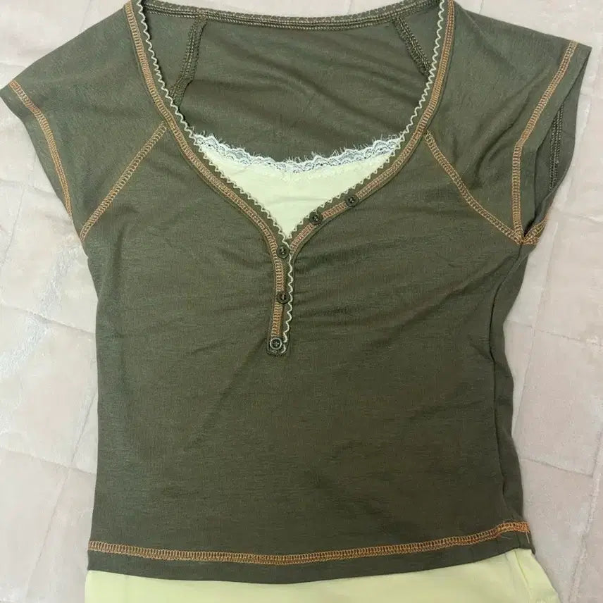 [BUNJANG] Mori Girl Lace Short Sleeve T-Shirt Green Core / 모리걸 레이스 일체형 반소매 그린코어 모리