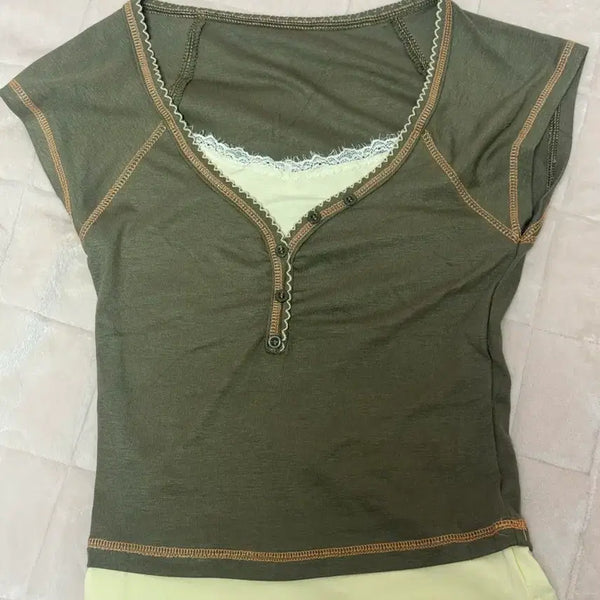 [BUNJANG] Mori Girl Lace Short Sleeve T-Shirt Green Core / 모리걸 레이스 일체형 반소매 그린코어 모리