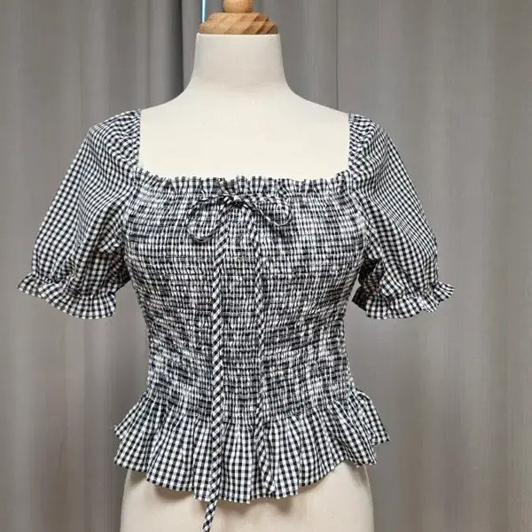 [BUNJANG] Checkered Smocked Summer Blouse / 체크 무늬 스모킹 여름 블라우스 새상품