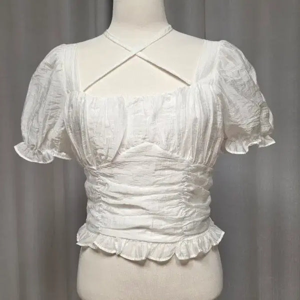 [BUNJANG] White Frill Square Neck Puff Sleeve Short Sleeve Blouse / 화이트 프릴 스퀘어넥 퍼프 소매 반팔 블라우스 새상품