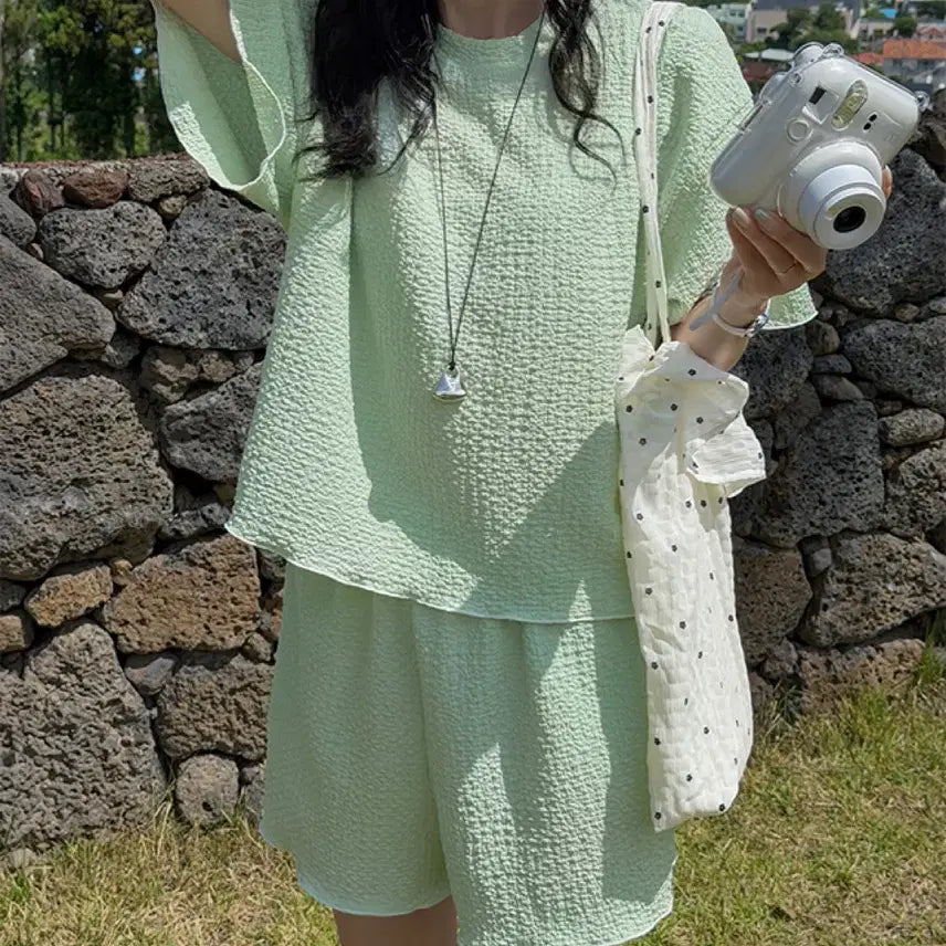 [BUNJANG] Melona Wrinkle Short Sleeve Set - Mint / 메로나 링클 반팔 세트 민트