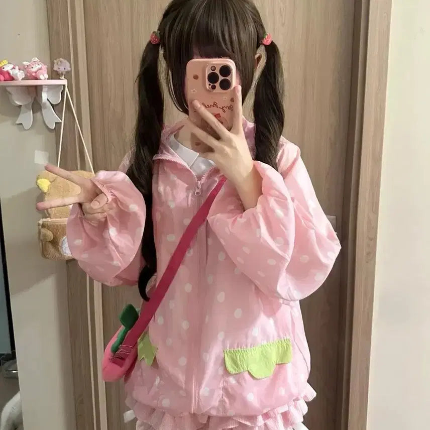 [BUNJANG] Subculture Pink Water Drop Bear Blouse / 서브컬처 핑크 물방울 베어 블라우스 봄가을 얇은 바람막이