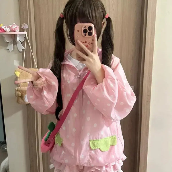 [BUNJANG] Subculture Pink Water Drop Bear Blouse / 서브컬처 핑크 물방울 베어 블라우스 봄가을 얇은 바람막이