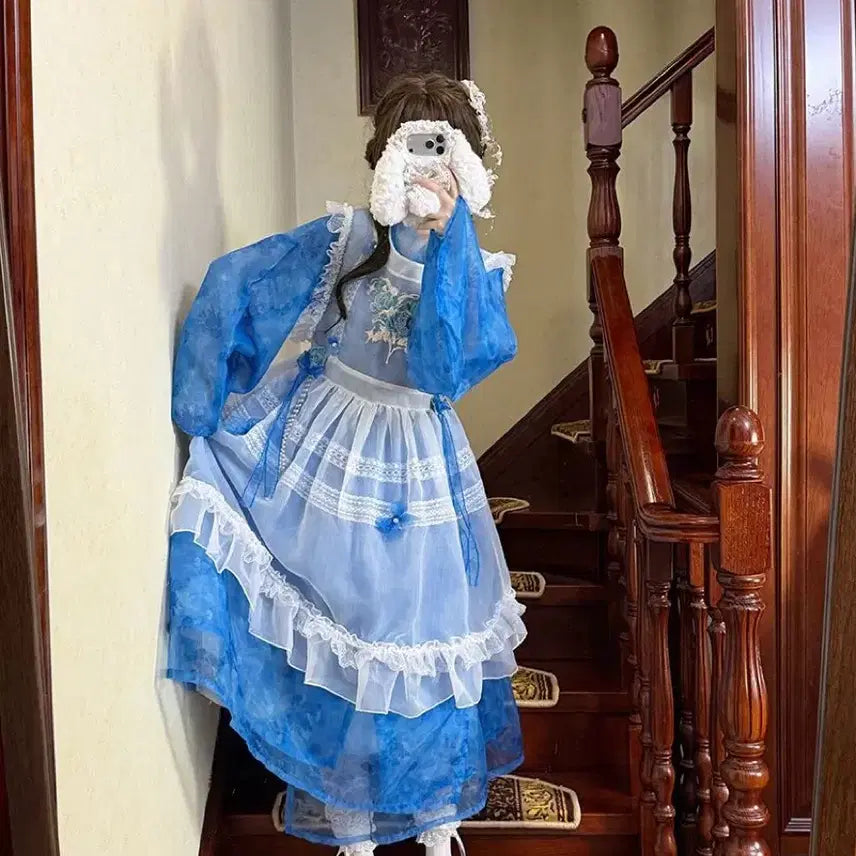 [BUNJANG] Blue Lace Embroidered Lolita Dress Set / 블루 레이스 자수 로리타 원피스 세트