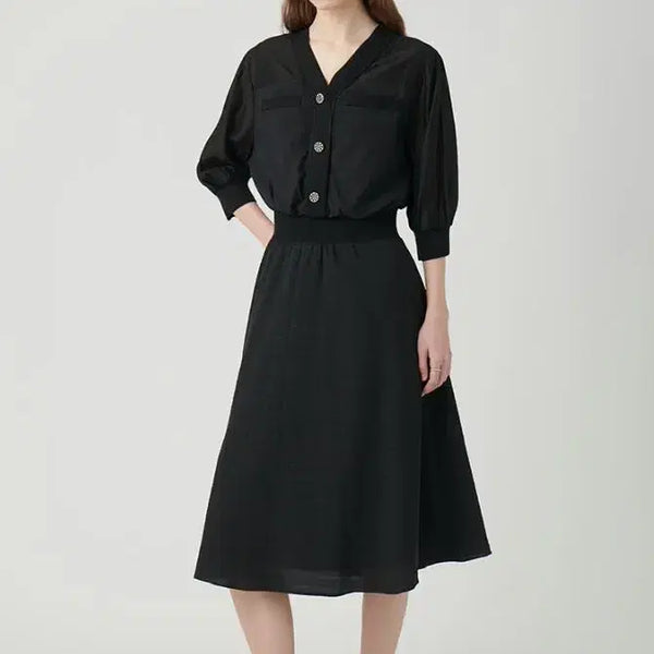 [BUNJANG] Satin Blouson Fit Flare Long Dress / 샤틴 블루종핏 플레어 원피스 55