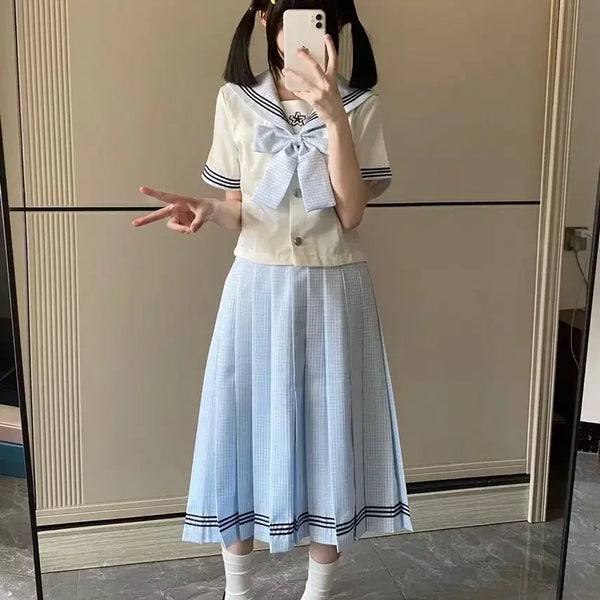 [BUNJANG] Sky Blue Check Sailor Uniform Set / 하늘색 체크 세라복 셔츠+스커트+리본 세트