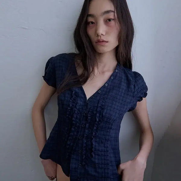 [BUNJANG] ODESS Low Edge Ruffle Blouse - Navy / 오데스 로우 엣지 러플 블라우스 - 네이비