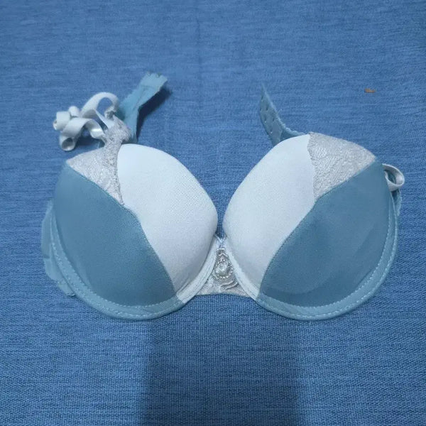[BUNJANG] Blue and White Color Block Lace Unpadded Bra / 블루 화이트 배색 레이스 홑겹 브라