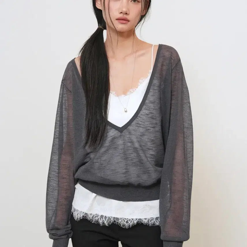 [BUNJANG] General Idea Deep V-Neck See-Through Knit Pullover / 제네럴아이디어 딥 브이넥 시스루 니트 풀오버