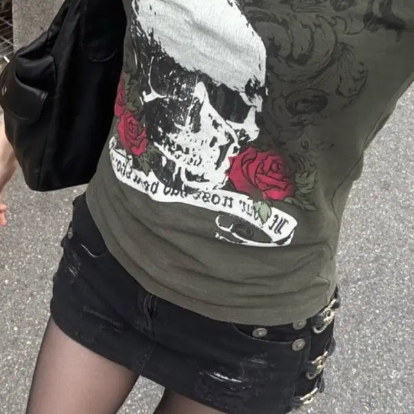 [BUNJANG] Japanese Vintage Khaki Skull Wing Short Sleeve T-Shirt / 일본빈티지 카키 해골 날개 반팔티