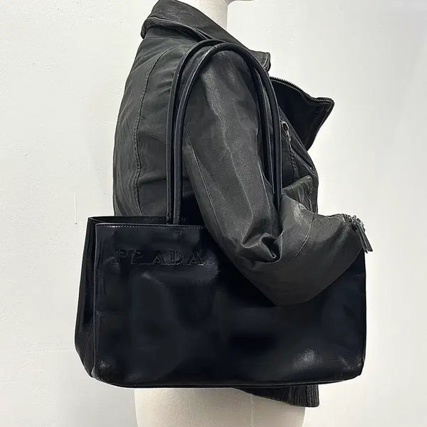 [BUNJANG] Prada Black Leather Square Shoulder Bag / 프라다 로고 블랙 레더 스퀘어 숄더백