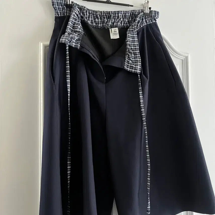 [BUNJANG] Navy Check Banding Wide Pants / 네이비 체크 밴딩 와이드 팬츠
