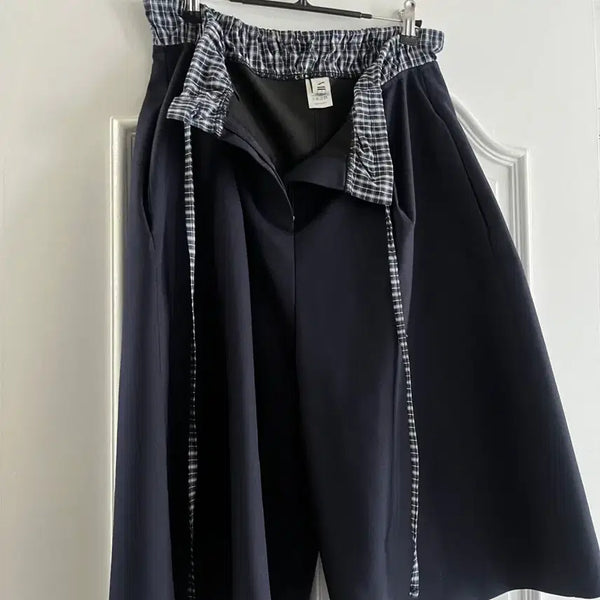 [BUNJANG] Navy Check Banding Wide Pants / 네이비 체크 밴딩 와이드 팬츠