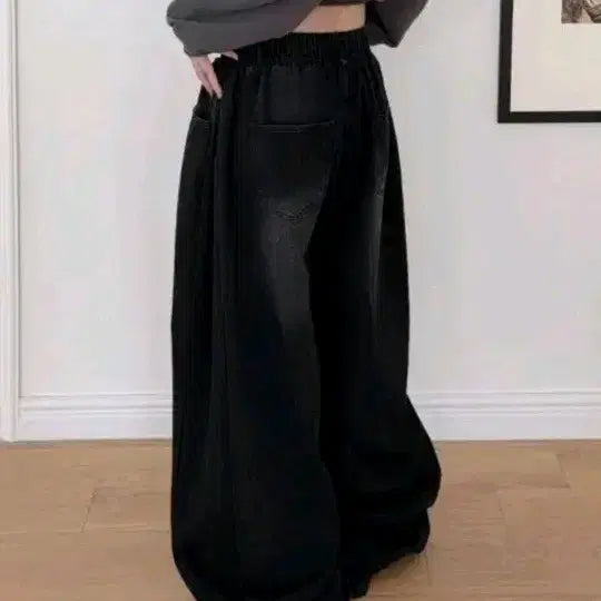 [BUNJANG] Black Wide Leg Denim Pants / 새상품) 통통 핀덕 밴딩 흑청 와이드 팬츠