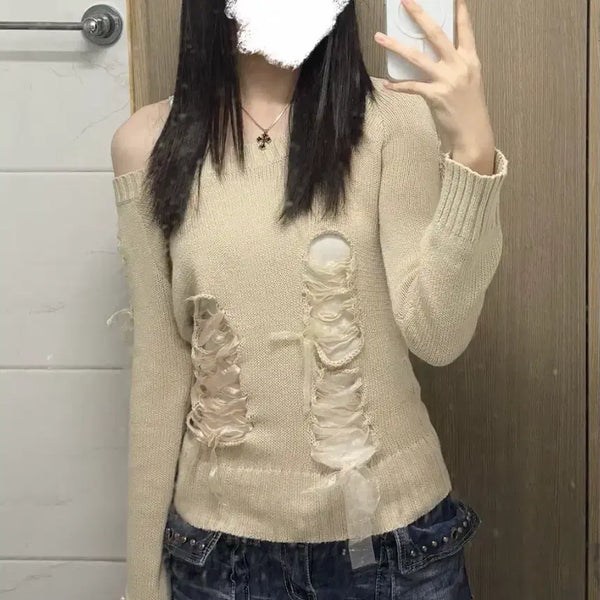 [BUNJANG] Cecil McBee Ribbon Off-Shoulder Knit Top / 세실맥비 라떼갸루 리본 니트 오프숄더 원숄더