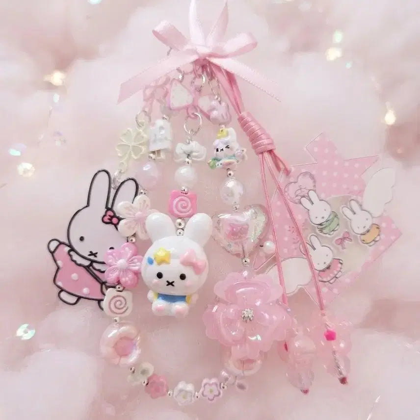 [BUNJANG] Miffy Character Keyring with Pink Beads and Flower Charm / 미피 키링