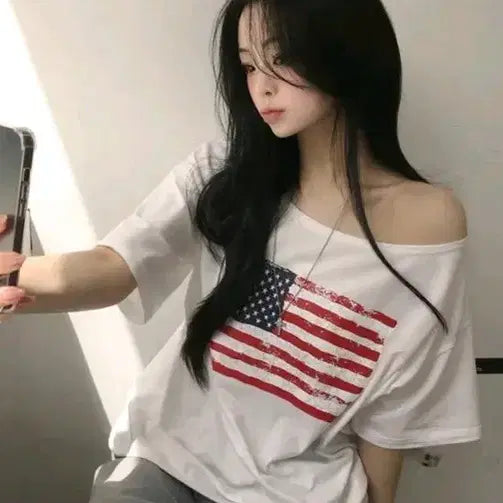[BUNJANG] American Vintage Flag Off-Shoulder Top / 새상품급) 아메리칸 빈티지 성조기 오프숄더 티