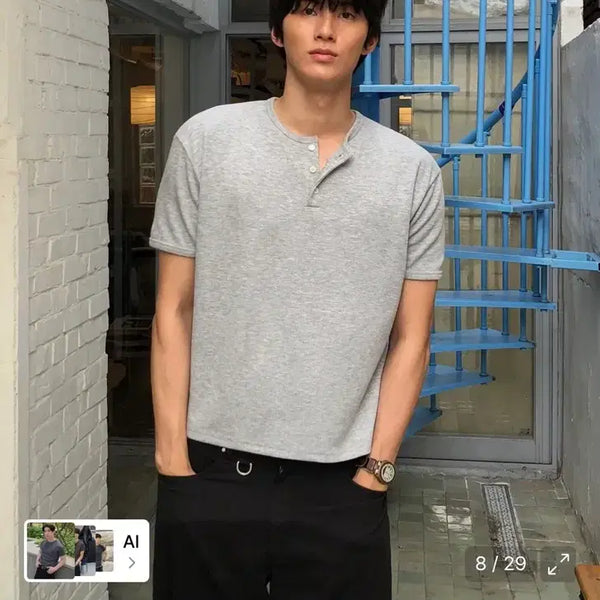 [BUNJANG] Day Crop Ribbed Short-Sleeve Henley T-Shirt - Gray, M / 데이 크롭 골지 반팔 헨리넥 티셔츠 그레이 M