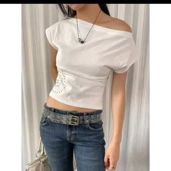 [BUNJANG] Off-Shoulder Cubic Point Short-Sleeve T-Shirt White / 오프숄더 큐빅 포인트 반팔 티셔츠 화이트