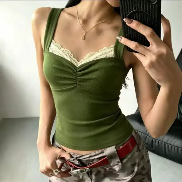 [BUNJANG] Green Lace Sleeveless Top / 그린  레이스 나시