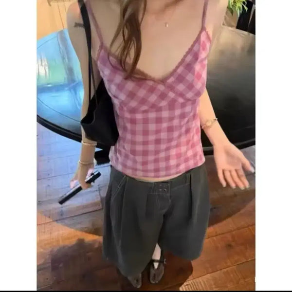 [BUNJANG] Pink Check Pattern V-Neck Sleeveless Top / 핑크 체크 패턴 나시
