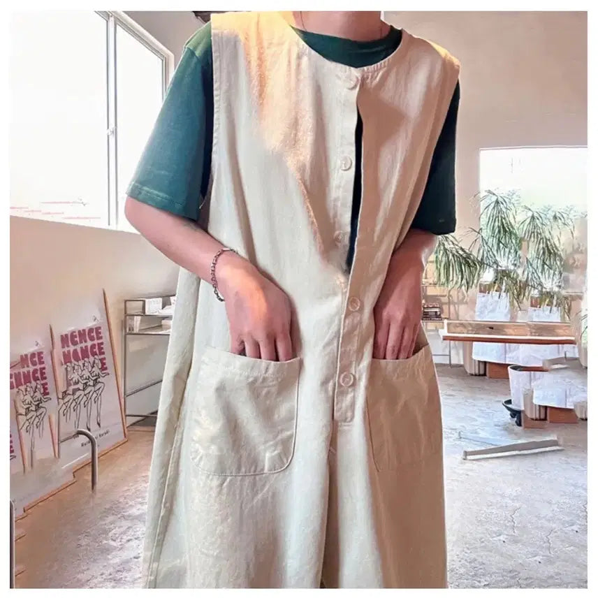 [BUNJANG] Cream Beige 5-Part Sleeve Oversized Cotton Jumpsuit Shorts / (크림베이지)5부 빅사이즈 점프수트 면 멜빵 반바지 오버핏