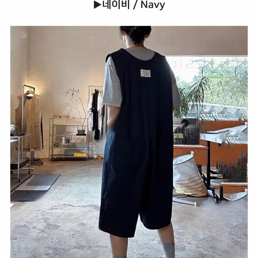 [BUNJANG] Navy Cotton Big Size 5-Pointed Sleeve Jumpsuit Shorts Overfit / (네이비)5부 빅사이즈 점프수트 면 멜빵 반바지 오버핏