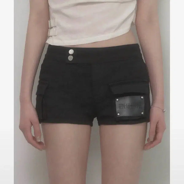 [BUNJANG] Atozome Leather Patch Cargo Shorts Black / 에트오소메 레더 패치 카고 숏팬츠 블랙