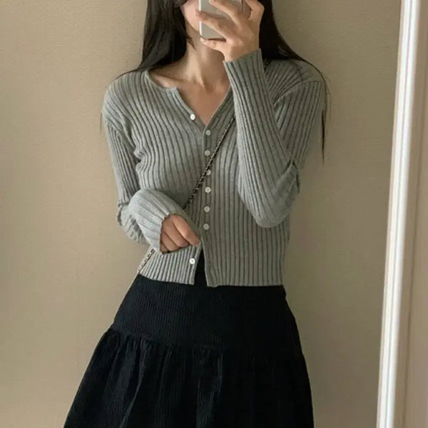 [BUNJANG] Kkonmi Go Eve Slim Ribbed Knit Cardigan Grey / [미개봉 새상품]꼰미고 이브 슬림 골지 니트 가디건 그레이