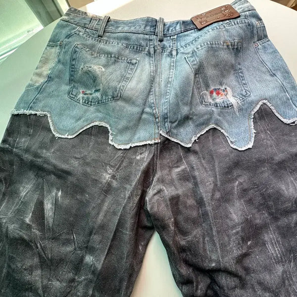 [BUNJANG] Andersson Bell Pooh Denim & Scratch Leather Printed Cargo Pants Black / 앤더슨벨 포우 데님 & 스크래치 레더 프린티드 카고 팬츠 데님 블랙