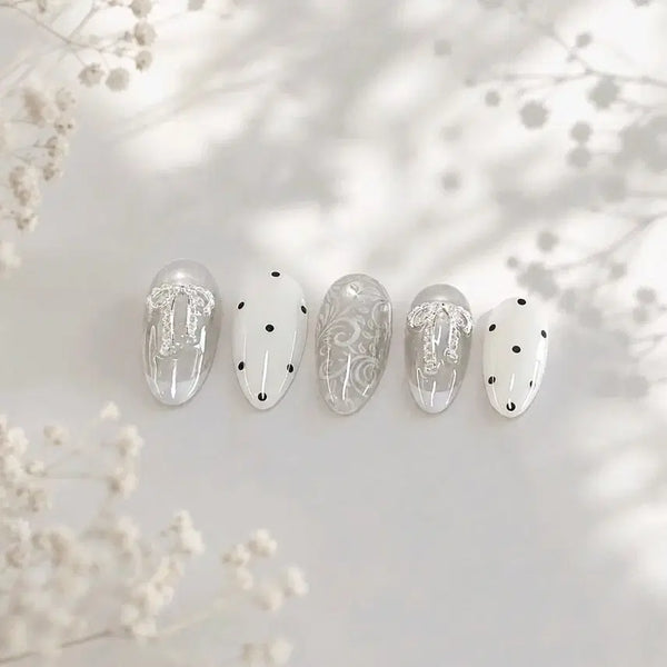 [BUNJANG] Handmade Nail Tips - Silver Magnetic Gel, White Syrup, Black Dot, Lace & Ribbon Design / 수제 네일팁