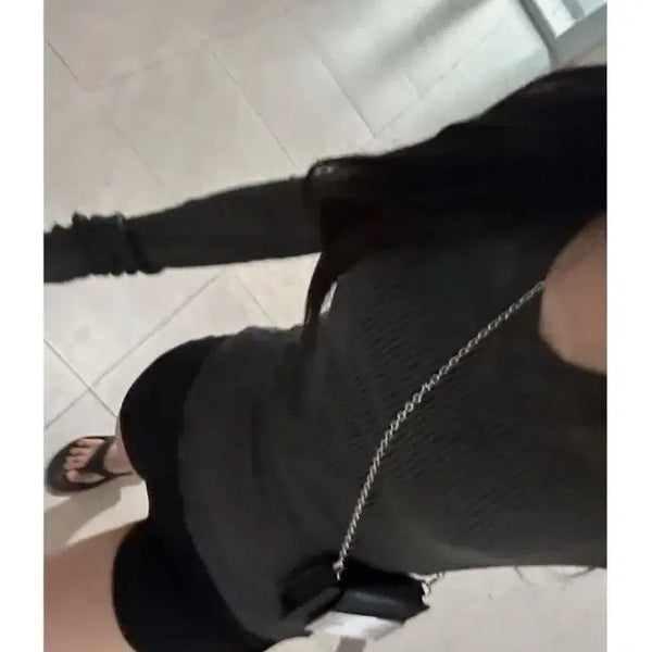 [BUNJANG] Charcoal See-Through Deep V-Neck Ribbed Long Sleeve Knit / 에이블리 차콜 시스루 딥브이넥 골지 긴팔니트