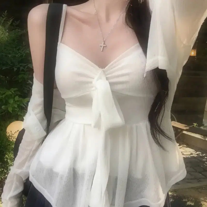 [BUNJANG] White Frill Ribbon Sleeveless Cardigan Set / 에이블리 화이트 프릴 리본 나시 가디건 set