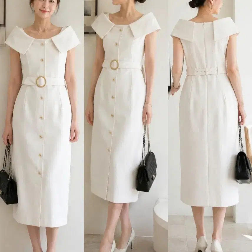 [BUNJANG] MOJO.S.PHINE White Off-Shoulder Dress with Gold Button Belt Set / [66] 모조에스핀 화이트 오프숄더 골드버튼 벨트 세트 원피스
