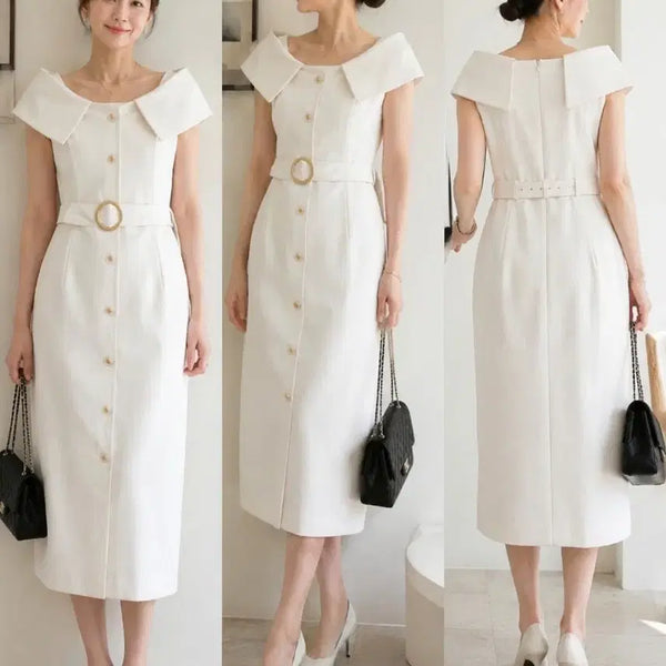 [BUNJANG] MOJO.S.PHINE White Off-Shoulder Dress with Gold Button Belt Set / [66] 모조에스핀 화이트 오프숄더 골드버튼 벨트 세트 원피스