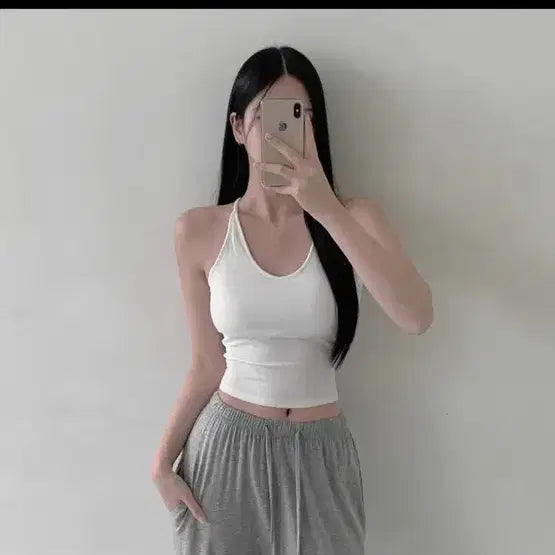 [BUNJANG] Halter Neck Ribbed Layered Cami Top with Built-in Cups / 홀터 끈 캡내장 레이어드 골지 나시(새상품)